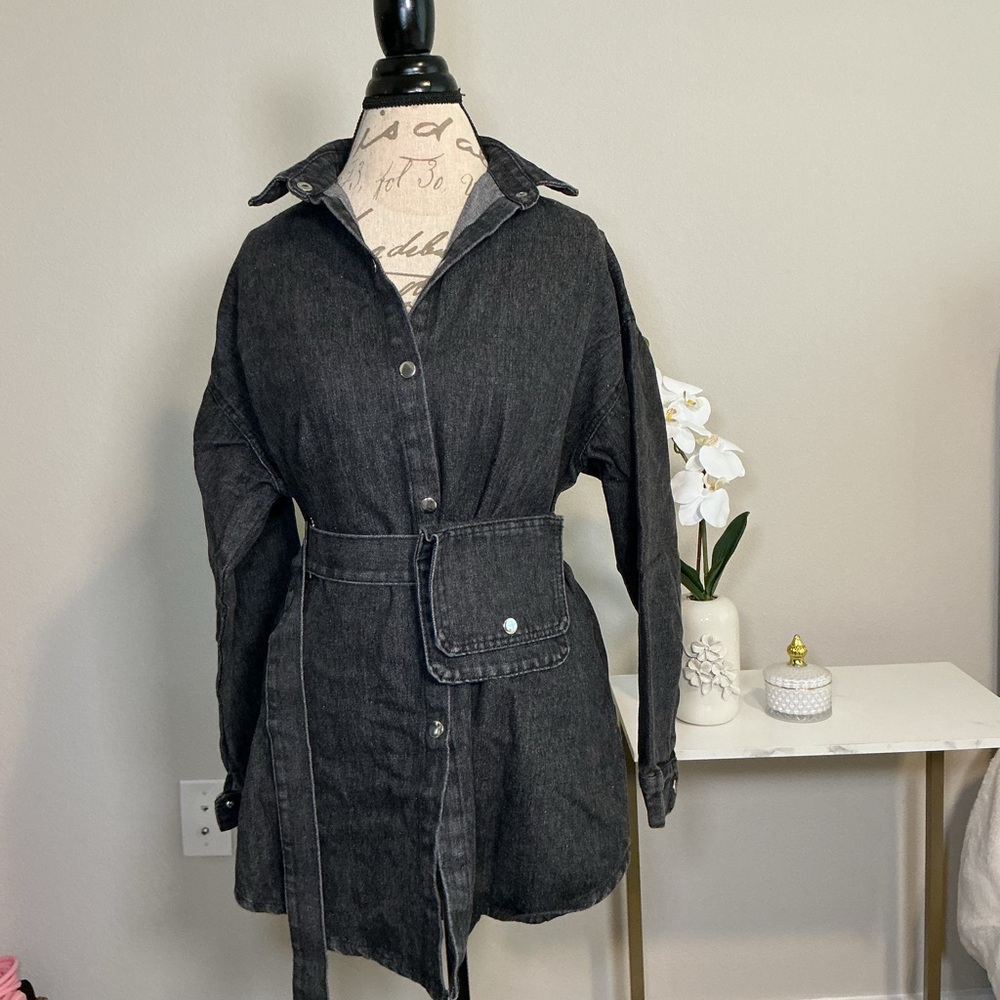 Dark Wash Denim Utility Jacket with Belted Pocket